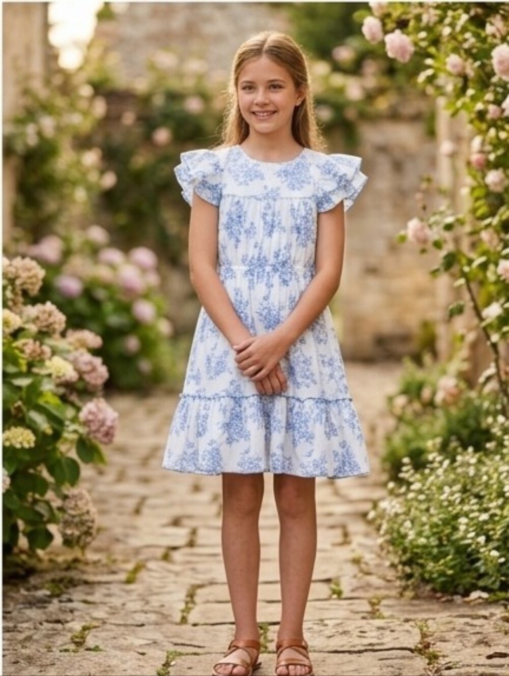 Cortigiani French Toile Floral Ruffle Flutter Sleeve Dress 12-13 Yrs